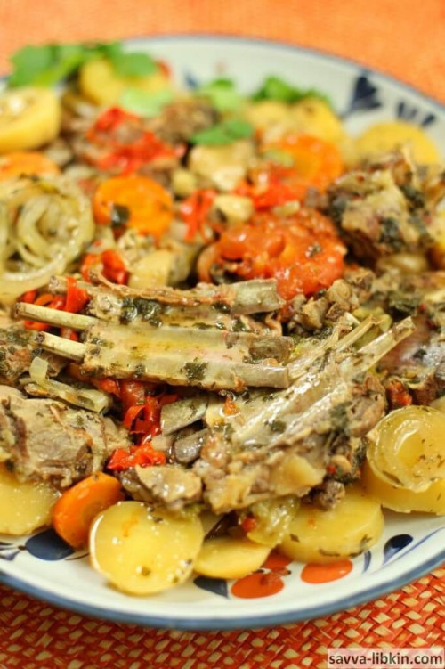 Lamb ribs with vegetables in the manner of Caucasian Ajapsandali